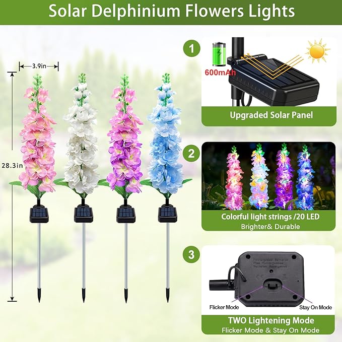 Solar Garden Lights, Solar Delphinium Flowers Lights 4 Pack 80 LEDs, Waterproof Outdoor Light Two Lighting Modes for Outside Wedding Party Garden Yard Patio Lawn Decor MRHEPHAESTUS
