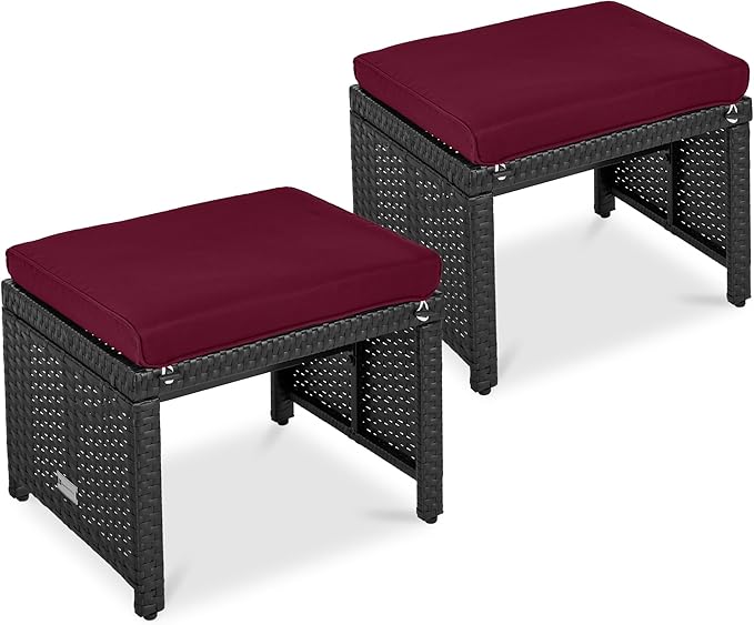 Best Choice Products Set of 2 Wicker Ottomans, Multipurpose Outdoor Furniture for Patio, Backyard, Additional Seating, Footrest, Side Table w/Removable Cushions, Steel Frame - Deep Burgundy/Black BestChoiceProducts