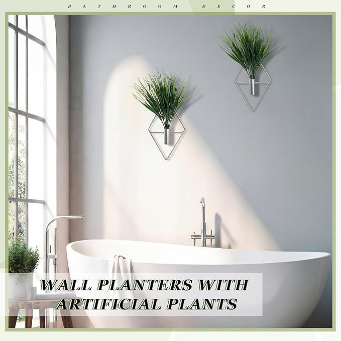 4 Pieces Silver Wall Decor Hanging Planters with Artificial Plants Metal Vase Indoor Aquatic Plant Holder Modern Geometric Wall Art for Home Bathroom Bedroom Living Room Office Canlierr