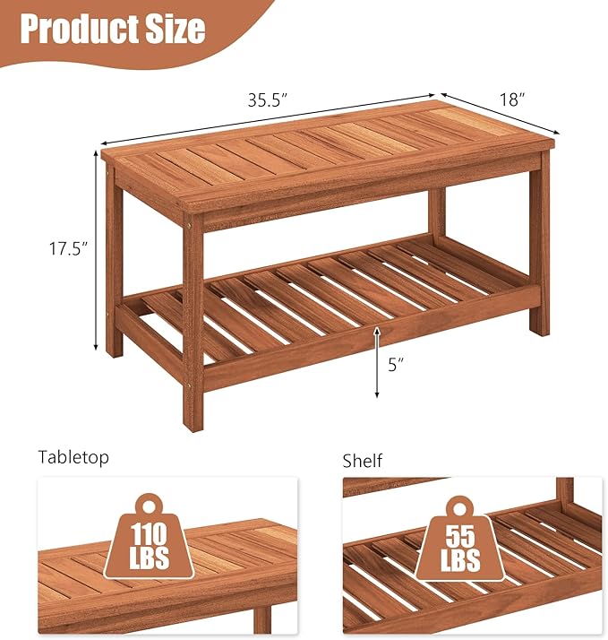 Tangkula Wood Outdoor Coffee Table, 2-Tier Patio Coffee Table with Slatted Hardwood Tabletop & Storage Shelf, Rectangle Wood Table for Deck, Garden, Balcony, Indoor or Outdoor Use (Natural) TANGKULA