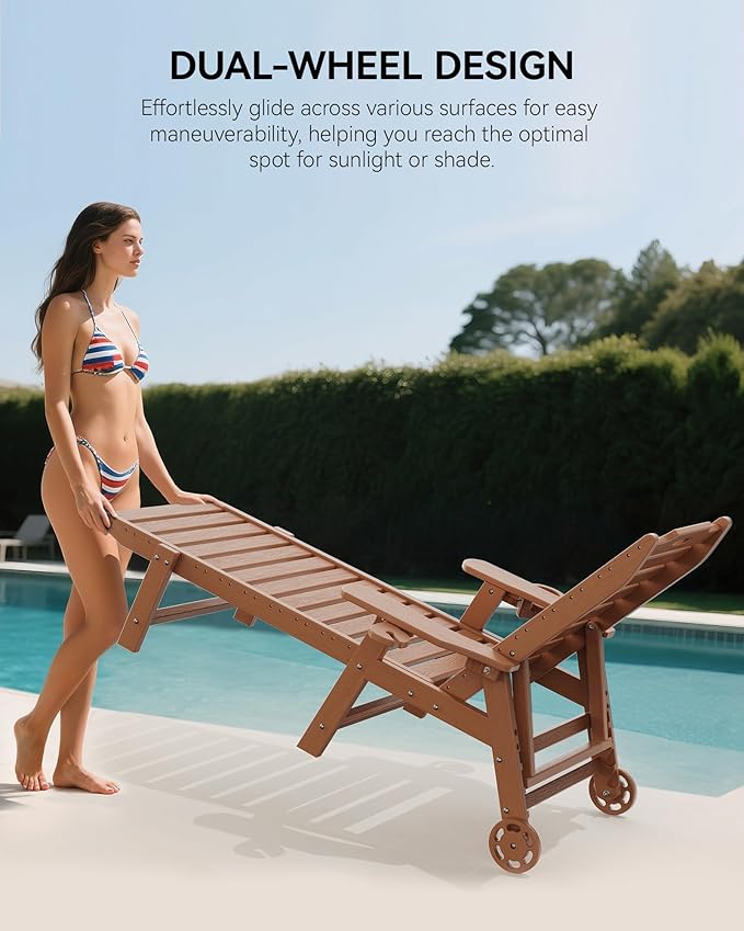Carauci Lounge Chair Outdoor Set of 2, HDPE Chaise Lounge with Wheels, 5-Position Adjustable Backrest & 2 Cup Holders Patio Lounge Chair, All-Weather Pool Sun Lounger for Poolside, Backyard, Teak Carauci