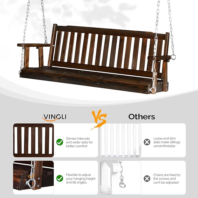VINGLI Heavy Duty 880 LBS 5 FT Patio Wooden Porch Swing Outdoor with Upgraded Adjustable Chains, Outdoor Hanging Swing Bench for Garden, Yard, Balcony (5 FT, Rustic) VINGLI