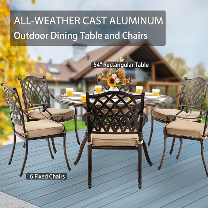 7-Piece Cast Aluminum Patio Furniture, Outdoor Dining Sets for 6 Include 54" Round Patio Dining Table and 6 Stackable Chairs with Cushions & Umbrella Hole (Bronze) Rootora