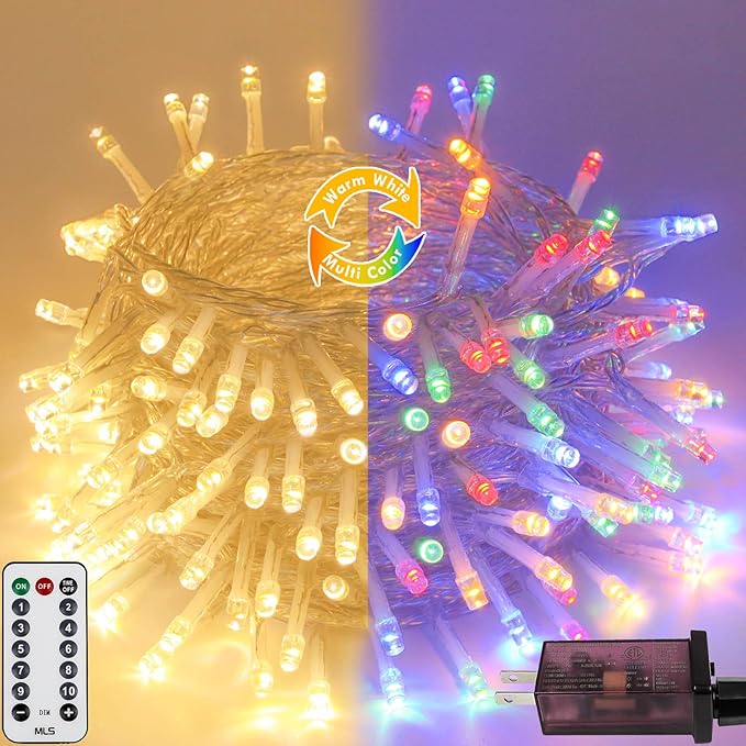 Warm White to Multicolor Color Changing 200 LED 66FT Connectable Christmas String Lights for Outdoor Indoor, 11 Modes Christmas Tree Clear Wire Fairy Waterproof Lights with Memory & Remote & Timer SANJICHA