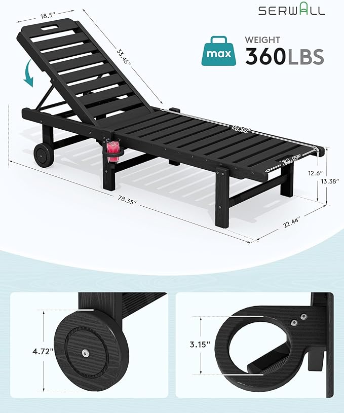 SERWALL Outdoor Chaise Lounge Set of 8, HDPE Pool Lounge Chairs with 5-Position Adjustable Backrest, Patio Loungers with Rolling Wheels & Cup Holder for Pool Sunbathing, Black SERWALL