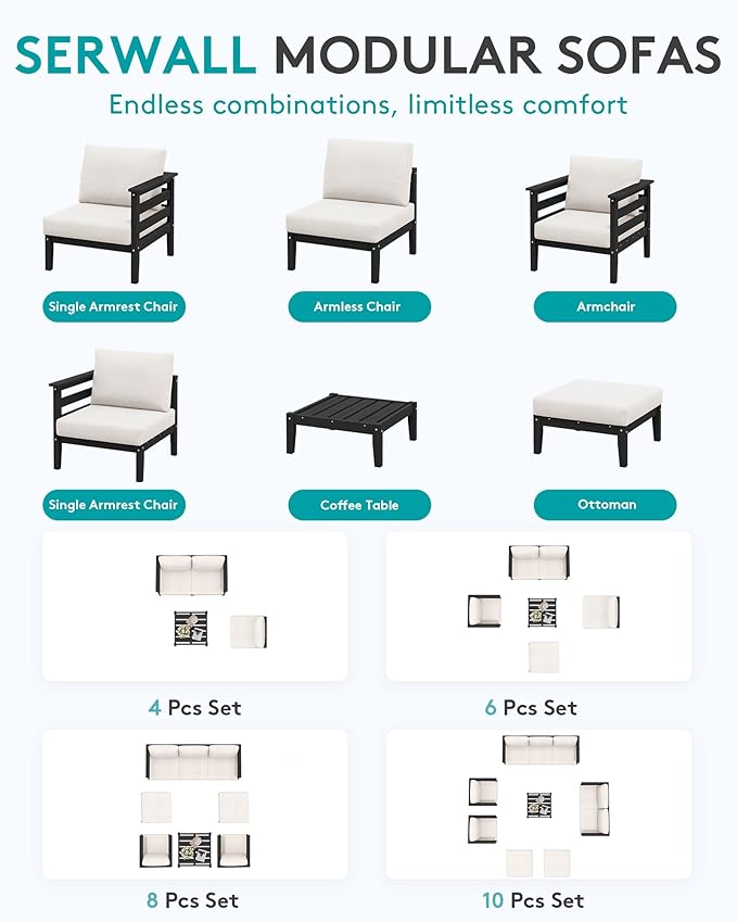 SERWALL HDPE Outdoor Furniture Set, 4 Pieces Patio Sectional Sofa Set, All-Weather Wood-Like Outdoor Sofa with Coffee Table for Deck, Garden, Black Frame with Khaki Cushion SERWALL