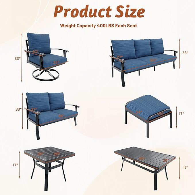 HOMREST Metal Outdoor Ottoman, 3-Piece Aluminum Footstool w/Removable Cushion, Multipurpose Footrest Stool with Coffee Side Table Additional Seating, Set of 3 Outdoor Ottomans for Patio Deck (Blue) HOMREST