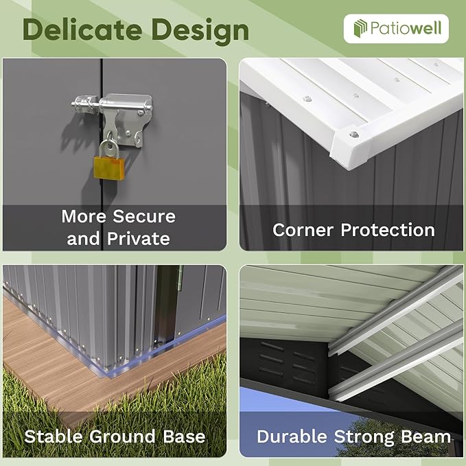 Patiowell 6x4 FT Outdoor Storage Shed, Water-Resistance Metal Outdoor Sheds with Vents & Lock, Garden Shed of Galvanized Steel for Lawn, Patio, Backyard Garden Tools, Bikes, Gray Patiowell