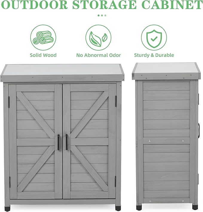 Outdoor Potting Bench with Storage Cabinet and Metal Top, Wood Workstation for Outdoor Patio, Garden (Classic Grey, 31x17x36‘’) Wood-Natrl