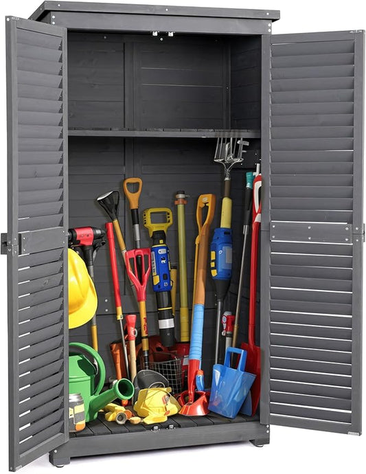 Outvita Outdoor Storage Cabinet, 63in Wooden Garden Tools Shed with 2 Lockable Doors, 3 Adjustable Shelves, Waterproof Roof for Yard Garge Patio Deck Porch（Grey） Outvita