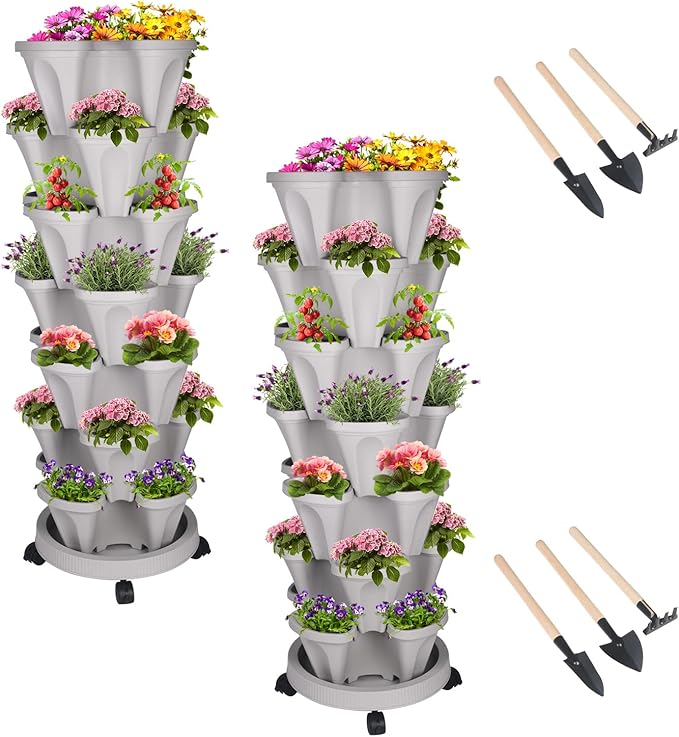 DUNCHATY Stackable Vertical Garden Planter, 7 Tier Herb Planter Pots, Indoor/Outdoor, Gray DUNCHATY