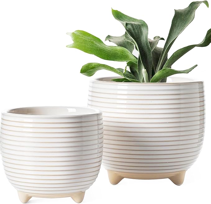 LE TAUCI Ceramic Plant Pots, 5.1 + 6.4 Inch Footed Pots for Plants, Modern Flower Pots for Home and Office, Indoor Planters with Drainage, Reactive Glaze White LETAUCI