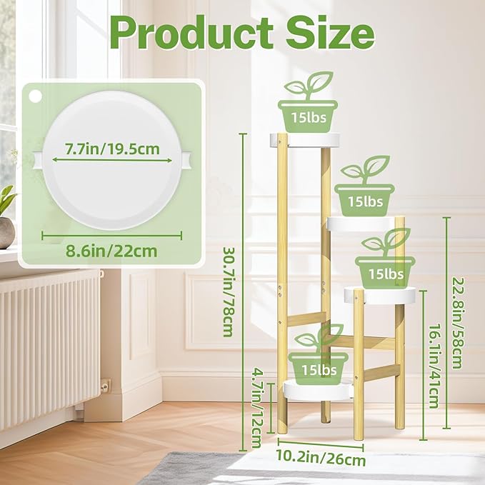 iDavosic.ly 4 Tier Bamboo Plant Stand Indoor Outdoor with Plastic Tray, Tiered Corner Flower Holder Shelf, Space Saving Orchid Display Rack for Patio Porch Living Room Garden Balcony, Natural White iDavosicly