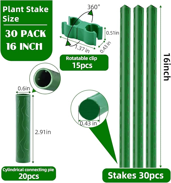 Garden Stakes 16 Inch 30 Pack, Diy 4ft 5ft 6ft 7ft 8ft Tomato Stakes Plastic Coated Metal Plant Sticks Stakes Supports with 20 Connectors 15 Rotatable Clips for Indoor Outdoor Plants Vegetable Fabulas