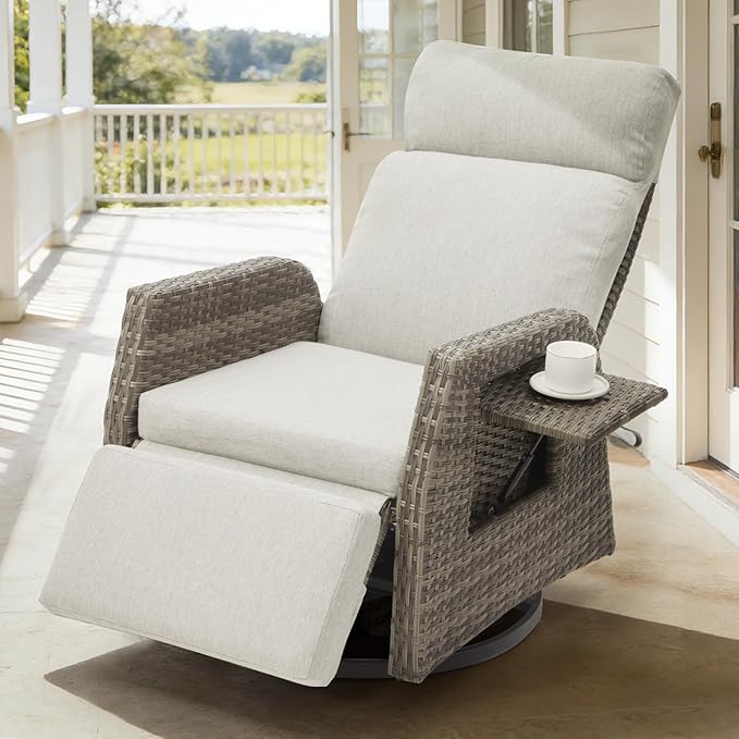 Adjustable Outdoor Recliner Chair with Independent Backrest & Footrest, Patio Swivel Recliner Chair, Wicker Reclining Patio Chair w/Flip-Up Table, Air Pump 155° Lay Flat Chaise Lounge, Gray Rootora