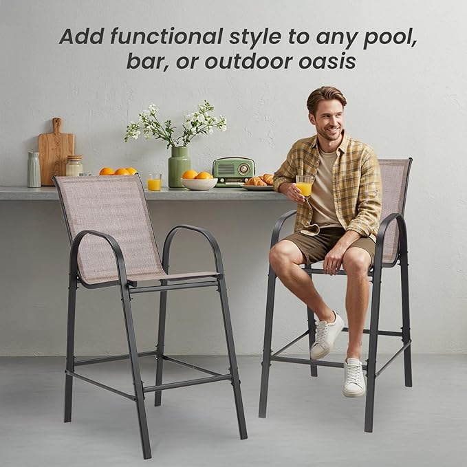 HOMREST Outdoor Bar Height Stools Set of 8,High Back Patio Chairs with Armrests,Textilene Chairs with Breathable Fabric & Metal Frame for All Weather,Taupe HOMREST
