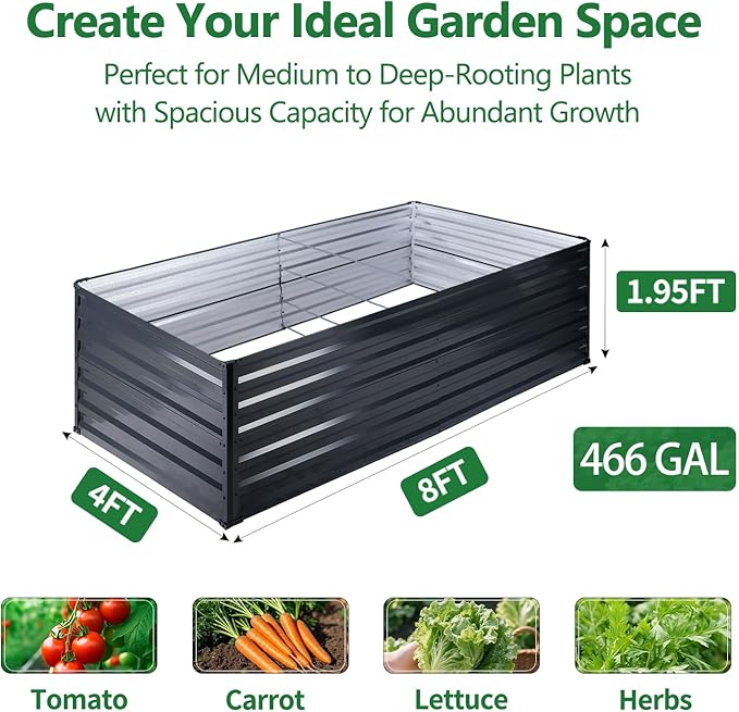Galvalume Raised Garden Bed 8x4x1.95FT–3X Rust Resistant Aluminum-Zinc Steel,466 Gallon Extra Deep Metal Planter Box, Heavy Duty Outdoor Vegetable Garden Bed for Tomatoes, Potatoes & Root Crops FOYUEE