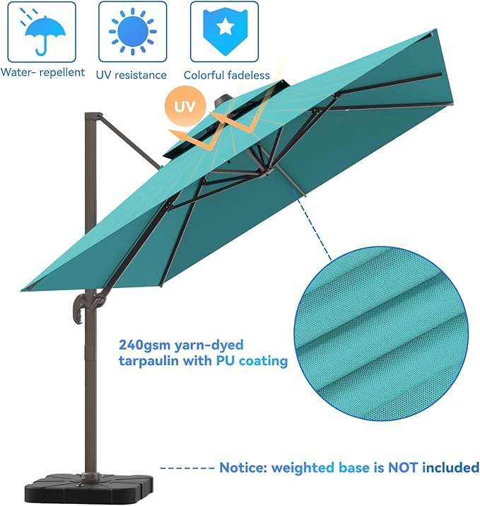 10x13FT Cantilever Outdoor Patio Umbrellas, Double Top Large Rectangle Umbrella, Heavy Duty 360° Rotation Offset Outdoor Sun Shade Umbrella for Garden Deck Pool Backyard Patio, Turquoise ZLACUIU