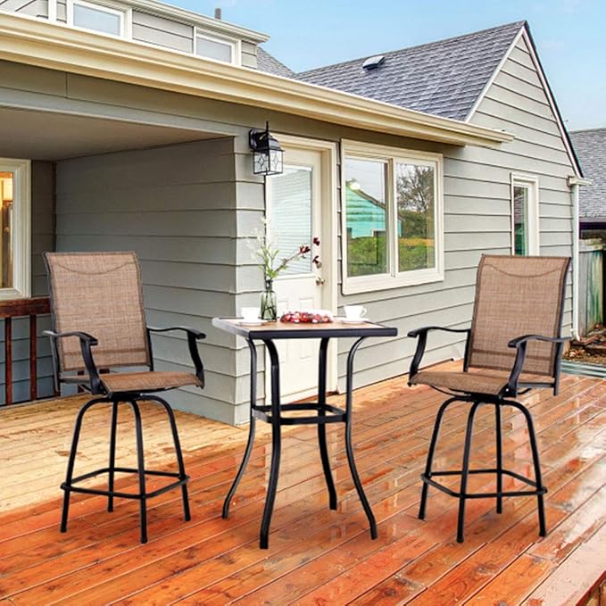 PHI VILLA 3 PCS Patio Swivel Bar Set Outdoor Furniture Bar Height Bistro Set, 2 Bar Stools and 1 Table, High Top Table and Chairs Set of 2 for Garden Porch Backyard PHIVILLAThepioneerofcomfortablehouseholdsupplies