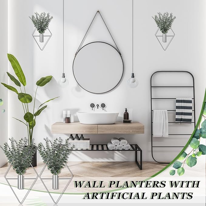 Jexine 8 Pcs Hanging Planters with Artificial Eucalyptus Metal Hanging Vase Indoor Plants Holder Modern Geometric Boho Bathroom Wall Decor for Living Room Home Office (Eucalyptus,Chrome Sliver) Jexine
