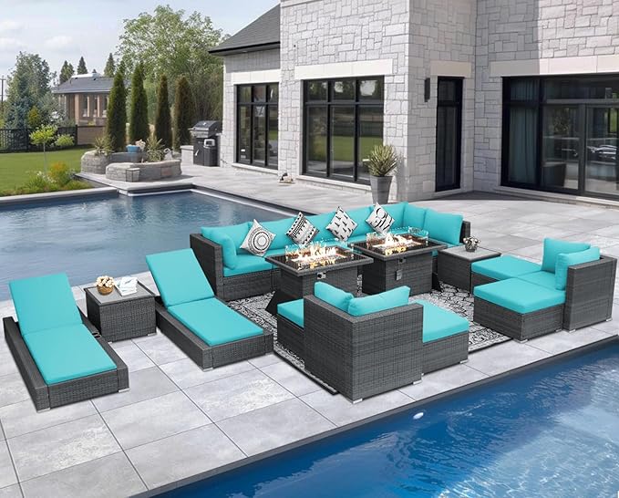 NICESOUL 18 Piece Outdoor Sectional with Fire Pit Table, Luxury Huge Patio Furniture with Fire Pit Table & Chaise Lounge, 14-Seater Wide Deep Seated Sofa for Deck, Poolside Gray & Turquoise NICESOUL