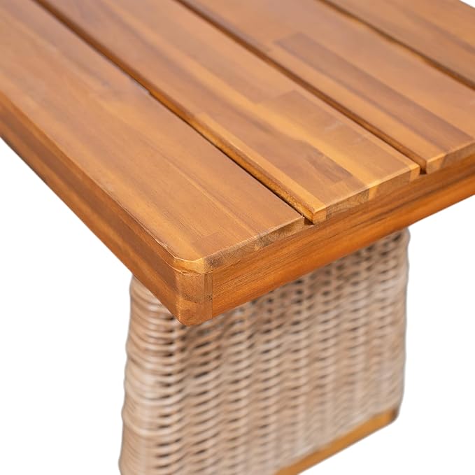 Christopher Knight Home Pasco Acacia Wood Outdoor Dining Table Set for 6, Wicker Patio Dining Set with Acacia Wood Table and Bench, Patio Table and Chair Set with Cushion+Rope Backrest,Brown+Teak+Grey ChristopherKnightHome