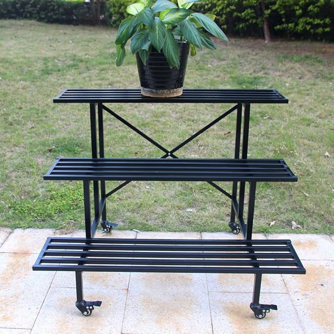 Zhongma 3 Tier Sturdy Metal Plant Stand with Wheels, L35.43 x W26 x H26 inch, Heavy Duty Plant Holder for Home Indoor and Outdoor, 660 LBS Capacity & Heavy Duty Construction Zhongma