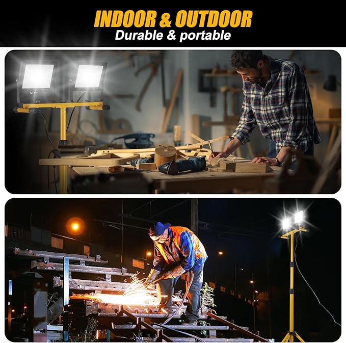 14000Lumen LED Work Lights with Stand - 2 Head Portable Work Light on Stand - IP66 Waterproof Tripod Worklights for Outdoor Indoor Job Site Workshop Garage Construction Site Lighting Rootora