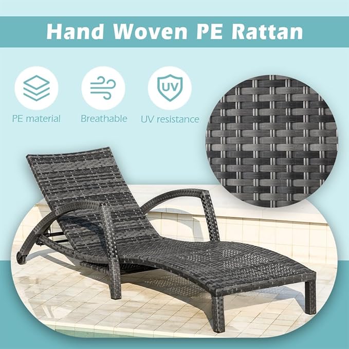 Chaise Lounge Chairs Outdoor Set of 2, Comfy Outside Wicker Patio Pool Lounge Chair w/ 5 Adjustable Back Angle, Cup Holder, Thicken Cushion ZZWHOM