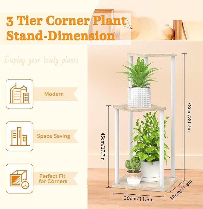 3 Tier Plant Stand Indoor Outdoor, Metal Wood Tiered Corner Plant Stands Pot Holder, Wood Flower Shelf Orchid Display Rack for Living Room Bedroom Balcony Garden Patio, Modern White Oppro