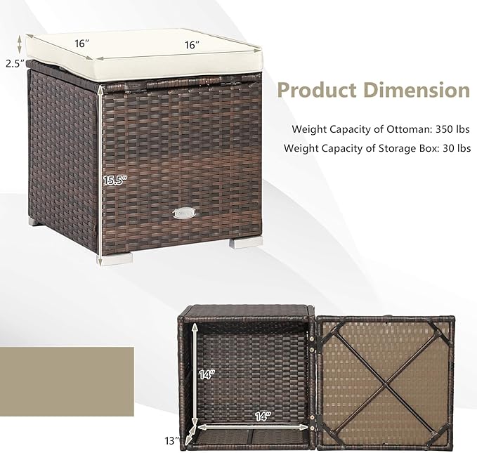 Tangkula 2 Pieces Patio Ottomans, Patiojoy Hand-Woven PE Rattan Side Table with Removable Cushion & Hidden Storage Space, Multifunctional Storage Box, Seat for Patio, Backyard, Poolside (Off White) TANGKULA