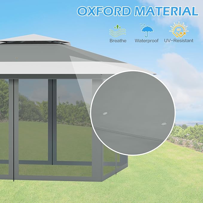 ECOTOUGE 13x13 FT Pop Up Canopy Tent with Mosquito Nettings, Patio Party Instant Shelte Gazebo w/Carrying Roller Bag Waterproof and UV Resistant for Outdoor Garden, Grill and Backyard, Grey-White ECOTOUGE