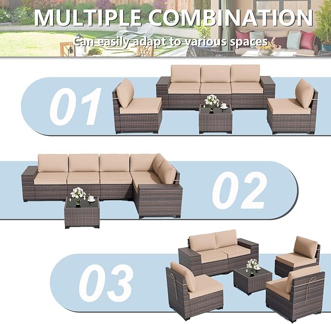 ALAULM 6 Pieces Patio Furniture Set, Oversized Seat/Armrest and High Back Wicker Sectional Furniture Set with Thick Cushion for Backyard, Garden, Sand ALAULM