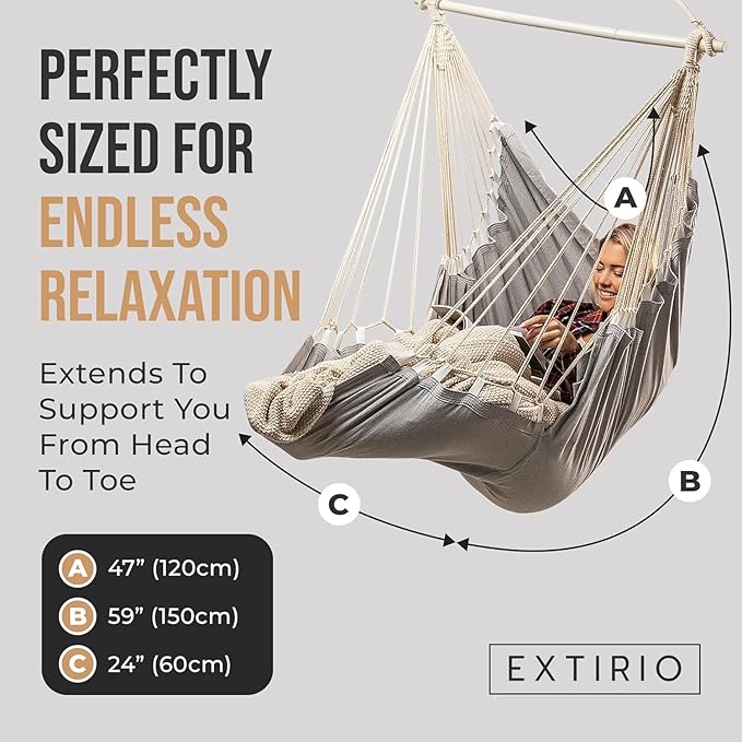 Hanging Hammock Chair Swing – Hanging Chair Outdoor & Indoor - Hammock Swing Chair – Quick & Easy Setup with Hardware Kit – Durable & Spacious Full Body Support with 2 Plush Cushions – Holds 440 Lbs EXTIRIO