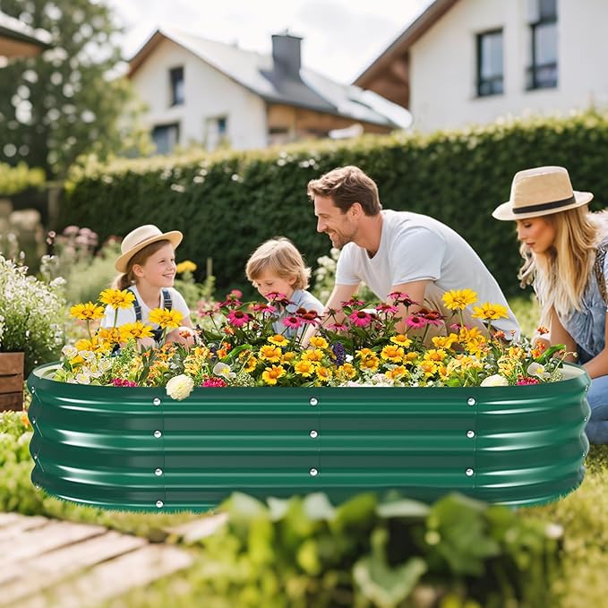Galvanized Raised Garden Beds for Gardening - 60 x 32 x 12 inch Oval Metal Planter Boxes Above Ground Outdoor for Vegetables,Flowers,Herbs, Garden Container Green (1, 5X2.7X1FT) Rootora