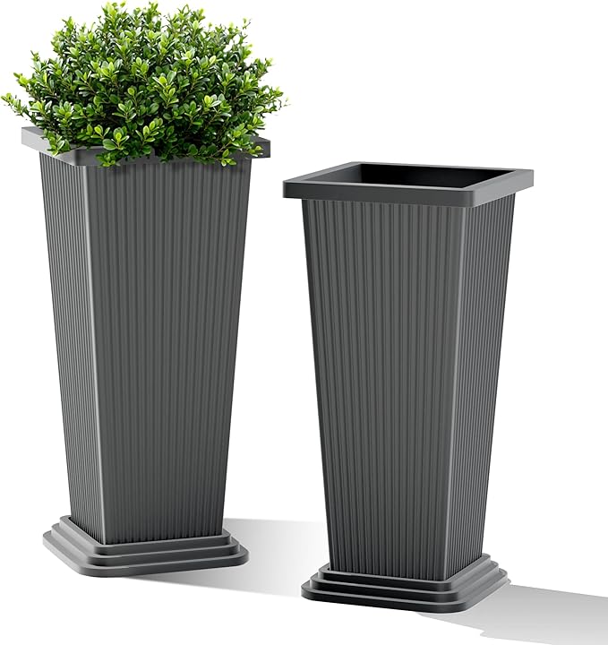FENCY Set of 2 Tall Planters for Outdoor Plants, 24 Inch Large Tapered Pots with Drainage Trays, Weather-Resistant Plastic Plant Containers for Patio, Porch, Garden, Front Door Decor,Gray,Striped FENCY