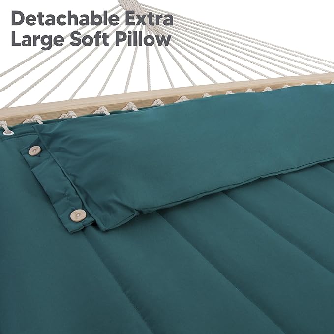 SUNCREAT Hammocks Extra Large Double Hammock with 12 ft Stand for Outside, 475lbs Capacity, Outdoor Portable Hammock with Hardwood Spreader Bar, Extra Large Pillow, Dark Green SUNCREAT