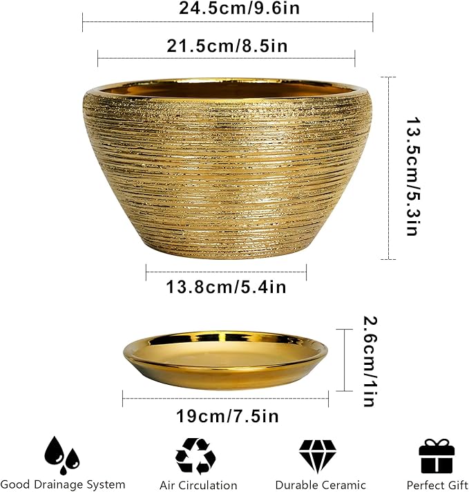 Ceramic Plant Pot Indoor - 9 Inch Planters for Outdoor Plants Decorative Plant Pot with Drainage Hole and Saucer Round Planter Modern Flower Pot Decorative for House Decor Gold Ceramicfor
