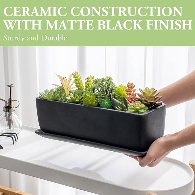 MyGift 14 Inch Ceramic Indoor Plant Pot, Rectangular Succulent Planter, Decorative Flower Planter with Drainage Hole and Removable Tray, Matte Black MyGiftHome
