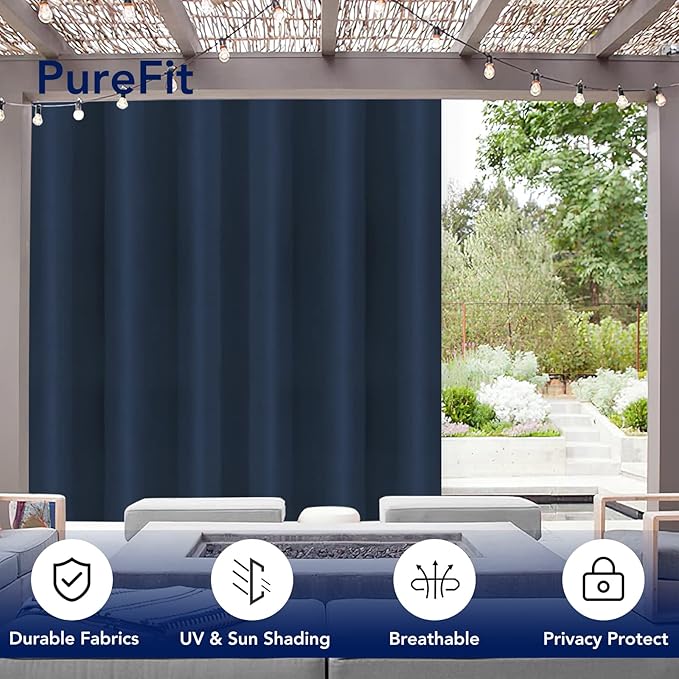 PureFit Outdoor Curtains for Patio Waterproof Weatherproof, UV Resistant Outside Curtains for Gazebo, Front Porch, Pergola, Sun Blocking Privacy Curtain, 100W x 95L inch, 1 Panel, Navy Blue PureFit