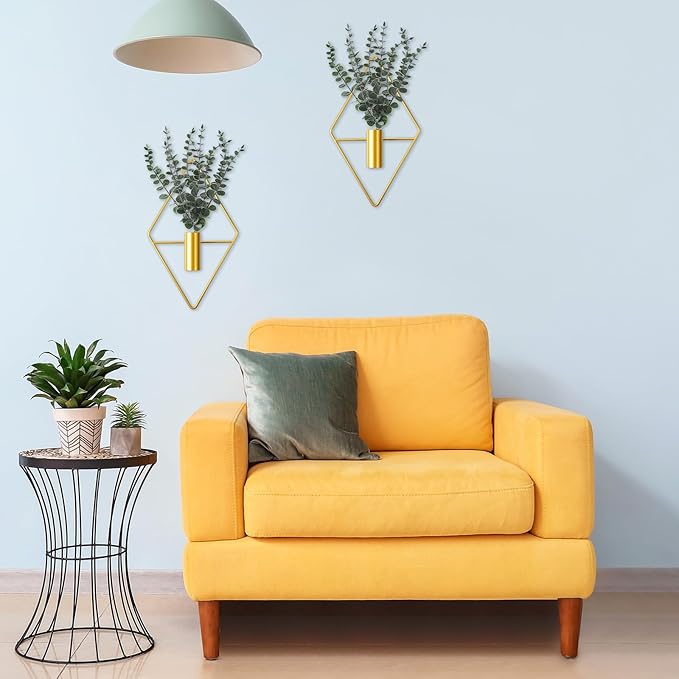 Jexine 8 Pcs Hanging Planters with Artificial Eucalyptus Metal Hanging Vase Indoor Plants Holder Modern Geometric Boho Bathroom Wall Decor for Living Room Home Office (Eucalyptus,Gold) Jexine