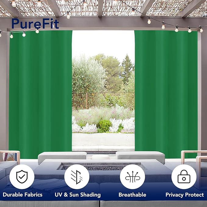 PureFit Outdoor Curtains for Patio Waterproof Weatherproof, UV and Fade Resistant Outside Curtains for Gazebo, Front Porch, Pergola, Sun Blocking Privacy Curtain, 52W x 108L inch, 1 Panel, Green PureFit