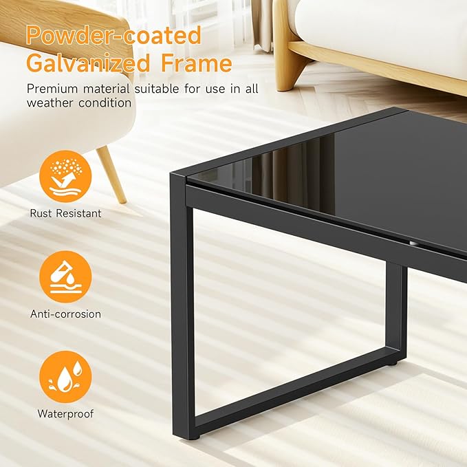 ONBRILL Rectangle Coffee Table with Tempered Glass Desktop, Galvanized Frame Outdoor Coffee Table with Adjustable Feet for Patio, Balcony, Deck, Living Room, Black ONBRILL