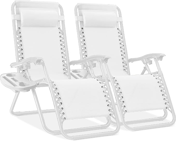Best Choice Products Set of 2 Adjustable Steel Mesh Zero Gravity Lounge Chair Recliners w/Pillows and Cup Holder Trays - Snow BestChoiceProducts