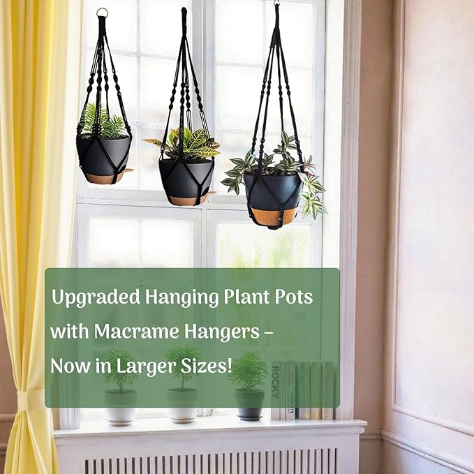 3 Pack Self Watering Hanging Planters Macrame Plant Hangers with Indoor Flower Pots 10" / 8" / 7", 3 Different Size Hanging Basket, Plant Hanger with Hooks for Garden Home Decor Black Large Bouqlife