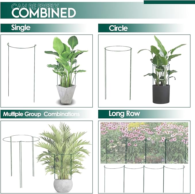 10 Pack 30 Inch Plant Support Stakes, Heavy-Duty Half Round Peony Support Ring Cage, Metal Garden Plant Stakes for Outdoor Plants - Peony, Tomato, Hydrangea with Cuttable Plant Ties LKSSZS
