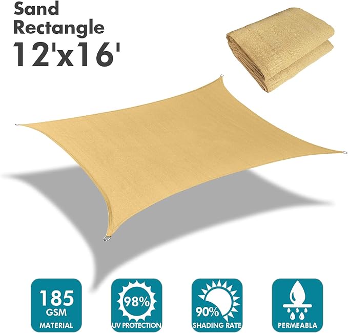 KANAGAWA Sun Shade Sail 12'x16' Sand Rectangle UV Block Canopy Awning Shelter Fabric Cloth Screen for Outdoor Patio Garden Backyard Activities KANAGAWA