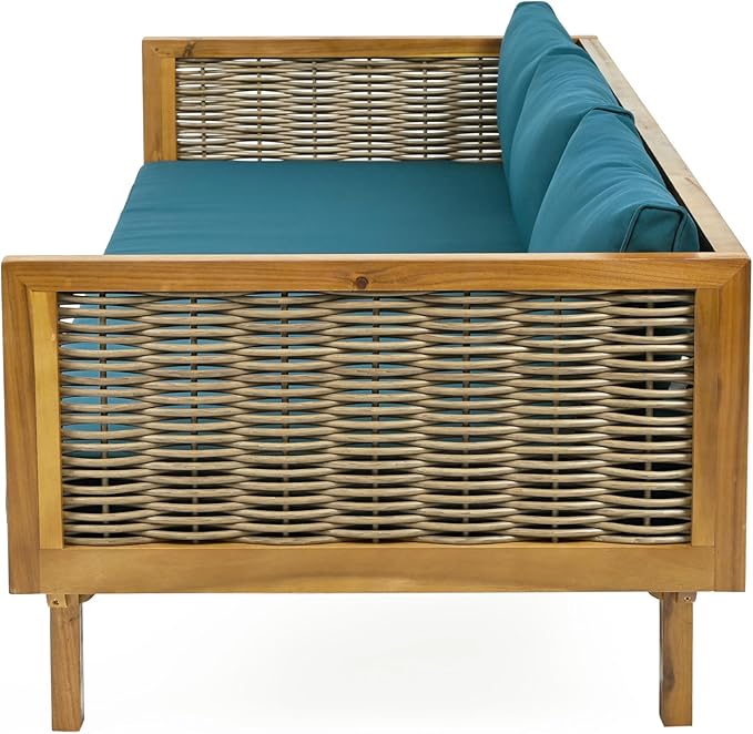 Merax 67.5" Outdoor Patio Daybed 3 Seater Sofa Bed,Acacia Wood Frame with Rattan Arm,Cushion & Pillow for Courtyard Merax
