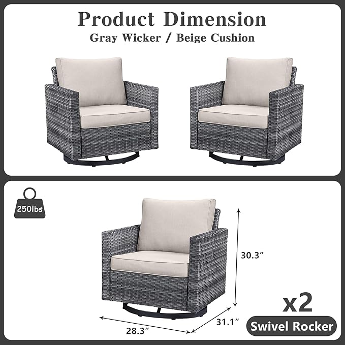 Belord Wicker Chairs Outdoor Bistro Set Oversize Patio Swivel Rocker, Rattan Outdoor Seating Set of 2 Swivel Glider Chairs Wicker Furniture for Porch Deck Backyard with Water-Resistant Belord