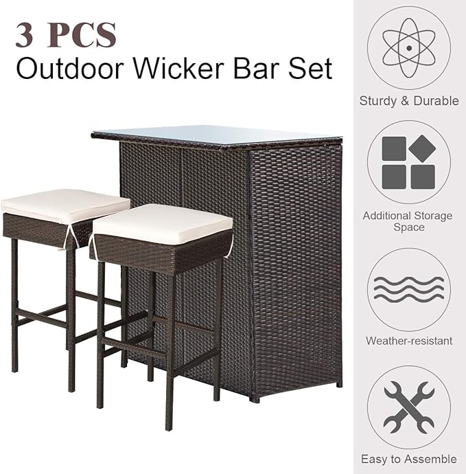 Tangkula Patio Bar Set, 3 Piece Outdoor Rattan Wicker Bar Set with 2 Cushions Stools & Glass Top Table, Outdoor Furniture Set for Patios Backyards Porches Gardens Poolside (Beige) TANGKULA